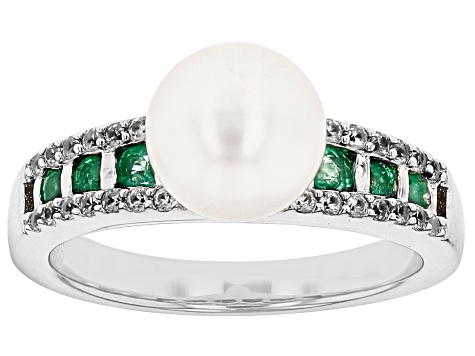 Cultured Freshwater Pearl with Zambian Emerald and White Zircon Rhodium Over Sterling Silver Ring