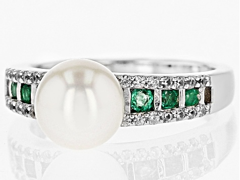 Cultured Freshwater Pearl with Zambian Emerald and White Zircon Rhodium Over Sterling Silver Ring