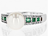 Cultured Freshwater Pearl with Zambian Emerald and White Zircon Rhodium Over Sterling Silver Ring