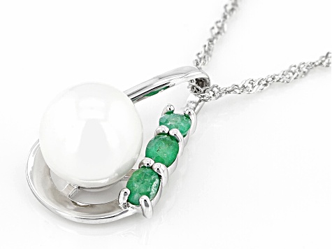 Cultured Freshwater Pearl with Zambian Emerald Rhodium Over Sterling Silver Pendant with Chain