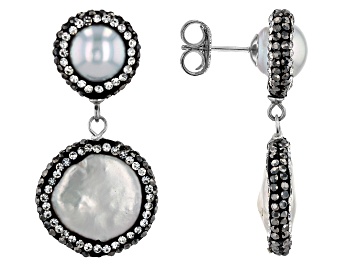 Picture of White Cultured Freshwater Pearl with Multi-Color Crystal Accents Rhodium Over Silver Earrings