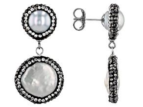 White Cultured Freshwater Pearl with Multi-Color Crystal Accents Rhodium Over Silver Earrings