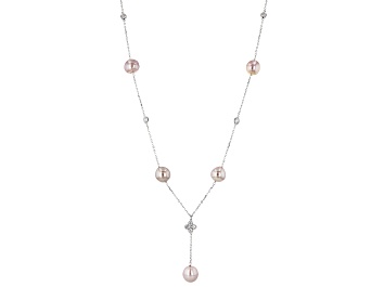 Picture of Cultured Kasumiga Pearl And Cubic Zirconia Rhodium Over Sterling Silver Station Necklace