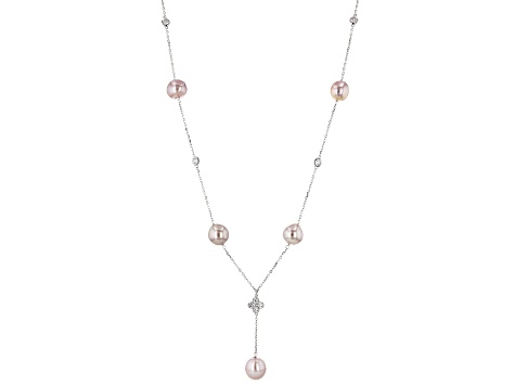 Cultured Kasumiga Pearl And Cubic Zirconia Rhodium Over Sterling Silver Station Necklace