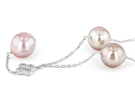 Cultured Kasumiga Pearl And Cubic Zirconia Rhodium Over Sterling Silver Station Necklace