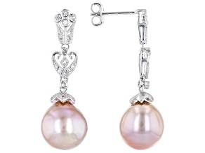 Cultured Kasumiga Pearl And White Topaz Rhodium Over Sterling Silver Drop Earrings