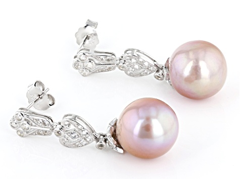 Cultured Kasumiga Pearl And White Topaz Rhodium Over Sterling Silver Drop Earrings