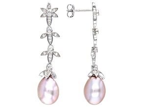 Cultured Kasumiga Pearl & White Topaz Rhodium Over Sterling Silver Drop Earrings