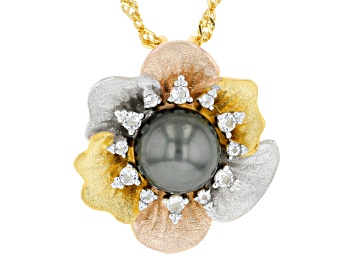 Picture of Cultured Tahitian Pearl with White Topaz Rhodium & 18k Yellow & Rose Gold Over Silver Pendant