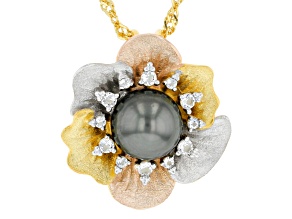 Cultured Tahitian Pearl with White Topaz Rhodium & 18k Yellow & Rose Gold Over Silver Pendant