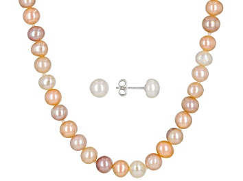 Picture of Multi-Color Cultured Freshwater Pearl Rhodium Over Sterling 18 Inch Necklace And Earring Set