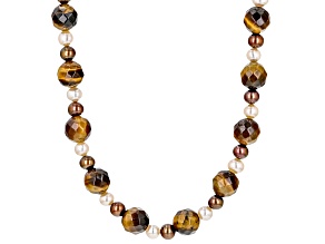 Multi-Color Cultured Freshwater Pearl and Tigers Eye Rhodium Over Sterling Silver Necklace
