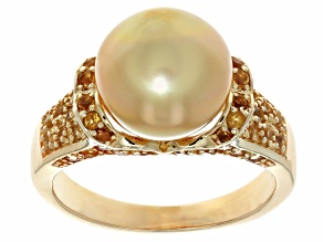 Golden Cultured South Sea Pearl and Citrine 18k Yellow Gold Over Sterling Silver Ring