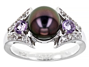 Cultured Tahitian Pearl with White Topaz and Amethyst Rhodium Over Sterling Silver Ring