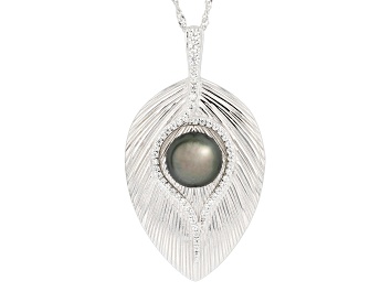 Picture of Cultured Tahitian Pearl and White Zircon Rhodium Over Sterling Silver Pendant with Chain