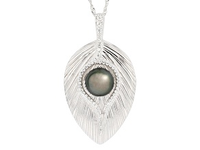 Cultured Tahitian Pearl and White Zircon Rhodium Over Sterling Silver Pendant with Chain