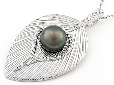 Cultured Tahitian Pearl and White Zircon Rhodium Over Sterling Silver Pendant with Chain