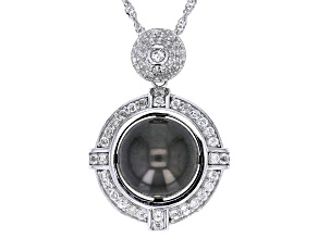 Black Cultured Tahitian Pearl And White Topaz Rhodium Over Sterling Pendant With Chain