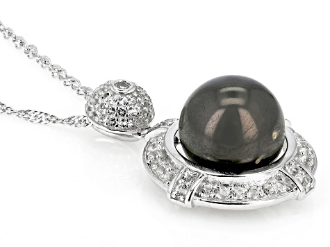 Black Cultured Tahitian Pearl And White Topaz Rhodium Over Sterling Silver Pendant With Chain