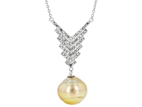 Golden Cultured South Sea Pearl and White Topaz Rhodium Over Sterling Silver 20 Inch Necklace