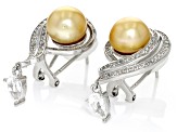 Golden Cultured South Sea Pearl And White Topaz Rhodium Over Sterling Silver Earrings