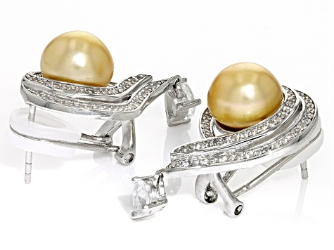 Golden Cultured South Sea Pearl And White Topaz Rhodium Over Sterling Silver Earrings