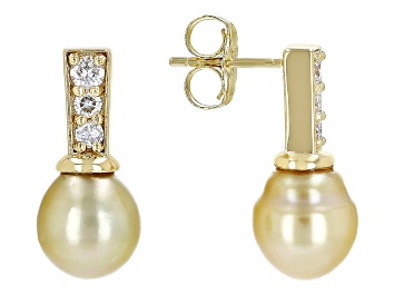 Picture of Golden Cultured South Sea Pearl With Moissanite 18k Yellow Gold Over Sterling Silver Earrings