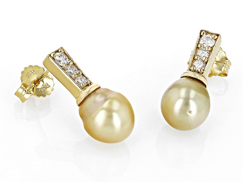 Golden Cultured South Sea Pearl With Moissanite 18k Yellow Gold Over Sterling Silver Earrings