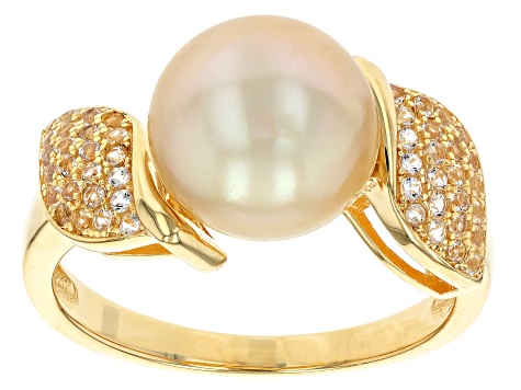 Golden Cultured South Sea Pearl and White Topaz 18k Yellow Gold Over Sterling Silver Ring