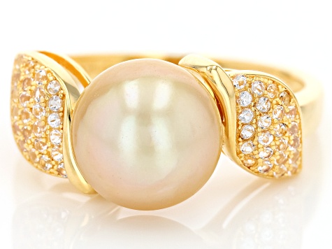 Golden Cultured South Sea Pearl and White Topaz 18k Yellow Gold Over Sterling Silver Ring