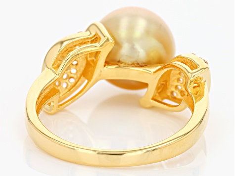 Golden Cultured South Sea Pearl and White Topaz 18k Yellow Gold Over Sterling Silver Ring