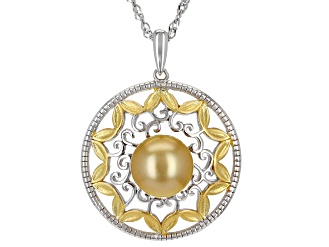 Golden Cultured South Sea Pearl Rhodium & 18k Yellow Gold Over sterling Silver Pendant with Chain