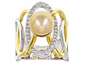 Golden Cultured South Sea Pearl with White Zircon Rhodium & 18k Yellow Gold Over Silver Ring