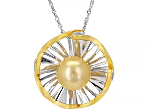 Golden Cultured South Sea Pearl Rhodium And 18k Yellow Gold Over Sterling Silver Pendant with Chain