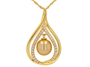 Cultured South Sea Pearl and White Zircon 18k Yellow Gold Over Sterling Silver Pendant with Chain