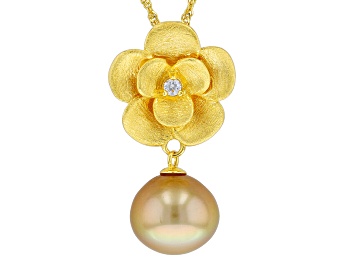 Picture of Cultured South Sea Pearl and White Zircon 18k Yellow Gold Over Sterling Silver Pendant with Chain