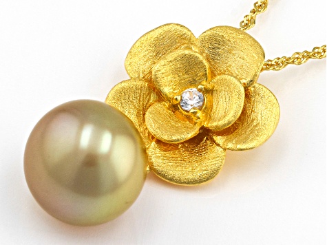 Cultured South Sea Pearl and White Zircon 18k Yellow Gold Over Sterling Silver Pendant with Chain