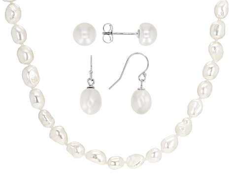 White Cultured Freshwater Pearl Rhodium Over Sterling Silver 63 Inch Necklace And Earring Set