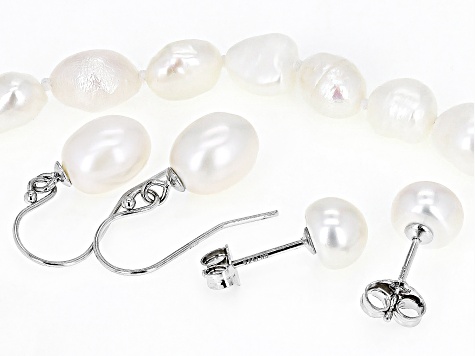 White Cultured Freshwater Pearl Rhodium Over Sterling Silver 63 Inch Necklace And Earring Set