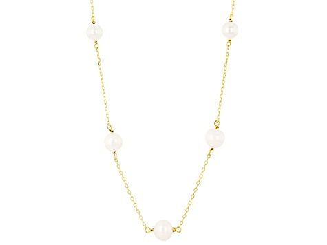 White Cultured Freshwater Pearl 18K Yellow Gold Over Sterling Silver 18 Inch Station Necklace