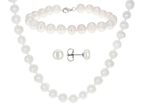 White Cultured Freshwater Pearl Rhodium Over Sterling Silver Necklace, Bracelet, and Earring Set