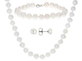 White Cultured Freshwater Pearl Rhodium Over Sterling Silver Necklace, Bracelet, and Earring Set