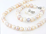 Multi-Color Cultured Freshwater Pearl Rhodium Over Silver Necklace, Bracelet, and Earring Set