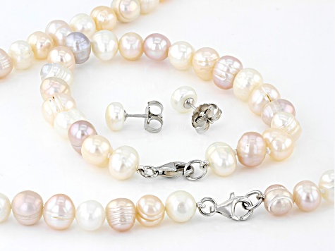 Multi-Color Cultured Freshwater Pearl Rhodium Over Silver Necklace, Bracelet, and Earring Set