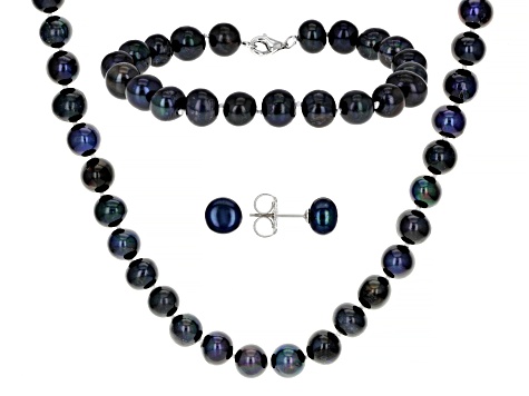 Black Cultured Freshwater Pearl Rhodium Over Sterling Silver Necklace, Bracelet, and Earring Set