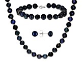 Black Cultured Freshwater Pearl Rhodium Over Sterling Silver Necklace, Bracelet, and Earring Set