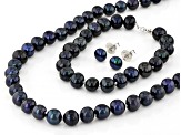 Black Cultured Freshwater Pearl Rhodium Over Sterling Silver Necklace, Bracelet, and Earring Set