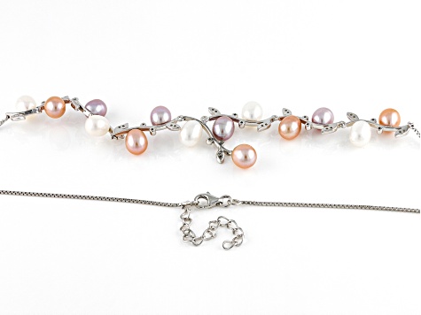 Cultured Freshwater Pearl with Cubic Zirconia Rhodium Over Sterling Silver Necklace