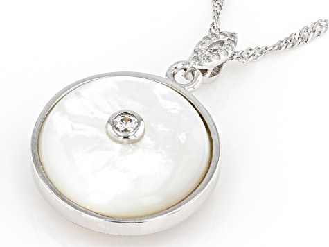 White South Sea Mother-of-Pearl & Cubic Zirconia Rhodium Over Sterling Silver Pendant