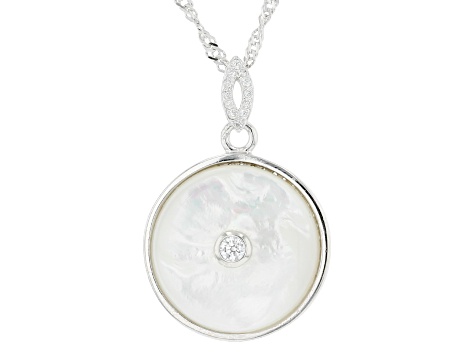 White South Sea Mother-of-Pearl & Cubic Zirconia Rhodium Over Sterling Silver Pendant